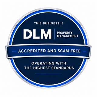 DLM Property Management seal: this business is accredited and scam-free, operating with the highest standards