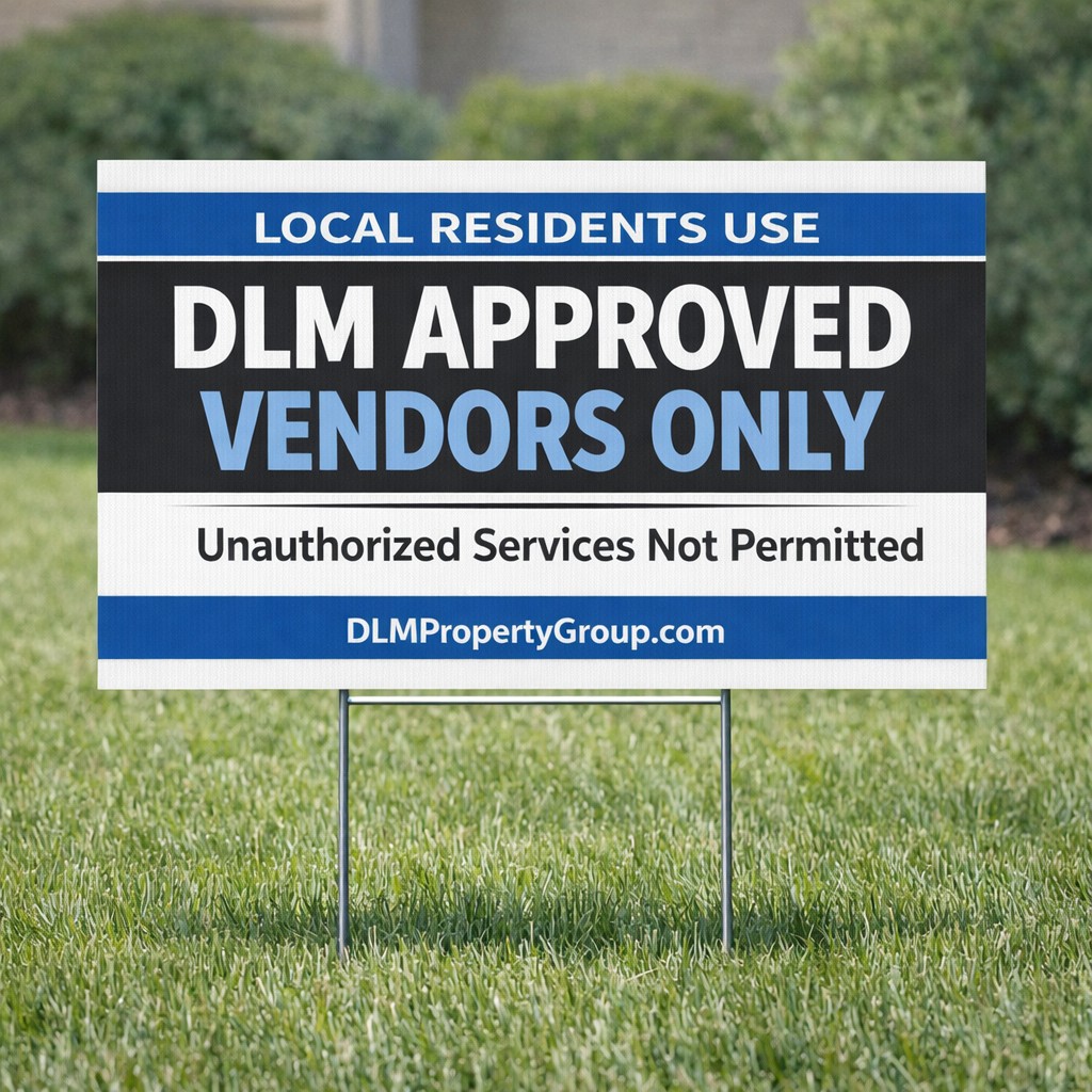DLM Approved Vendors Only yard sign installed in a community